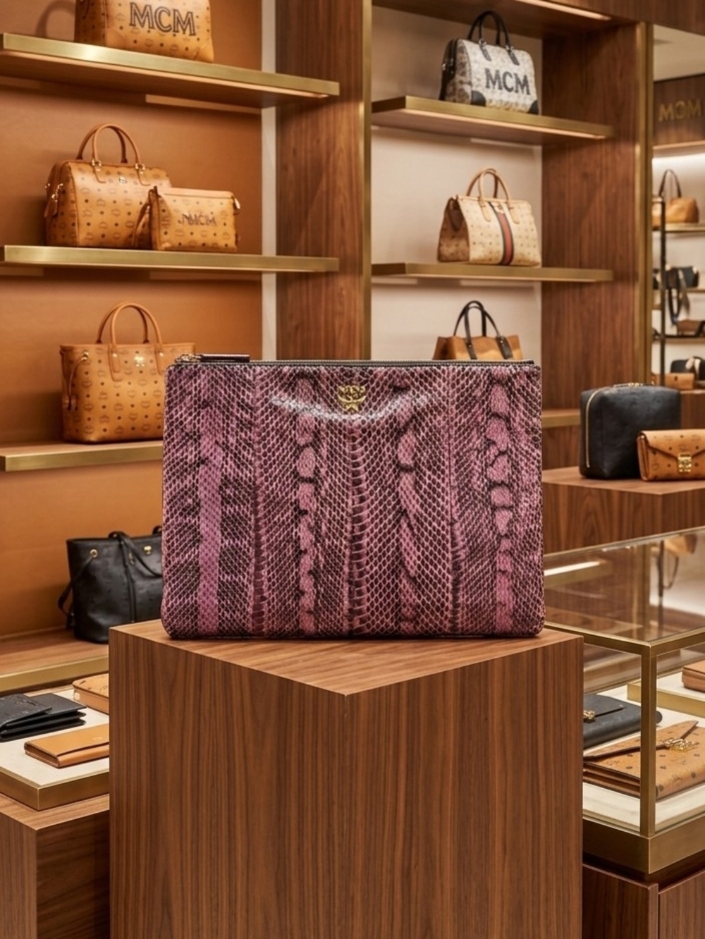 MCM Pinkish/Purple Python-Print Large Zip Clutch